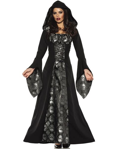 Skull Mistress Womens Black Gothic Witch Hooded Robe Halloween Costume Halloween