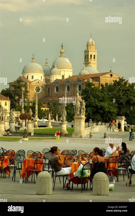 Padua Padova Outdoor Bar In Front Of Prato Della Valle With Basilica Of Saint Justine St