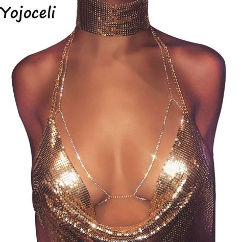 Yojoceli Spring Halter Shiny Elegant Club Rhinestones Body Chain Bra