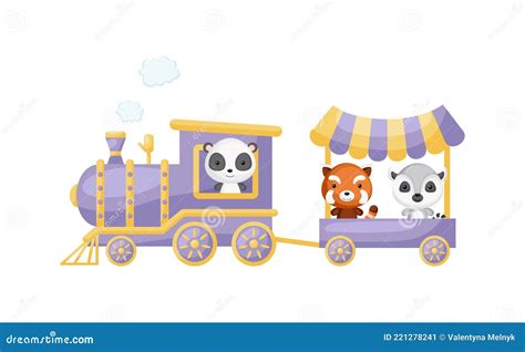 Cute Cartoon Violet Train With Panda Driver And Red Panda Lemur On
