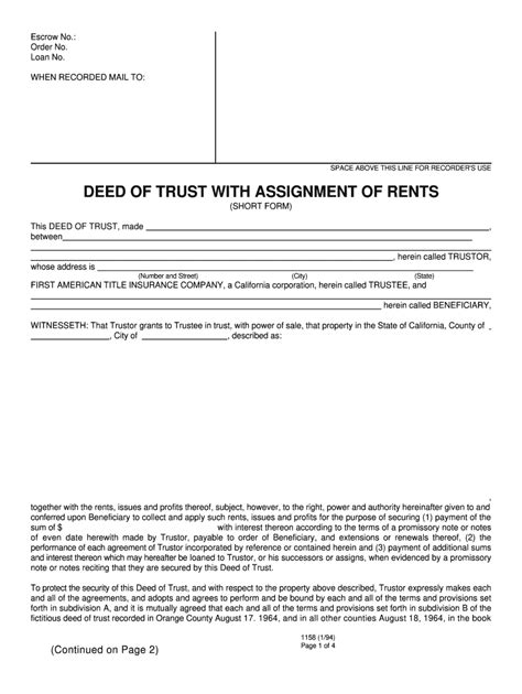Fillable Short Form Deed Of Trust And Assigments Of Rents Printable