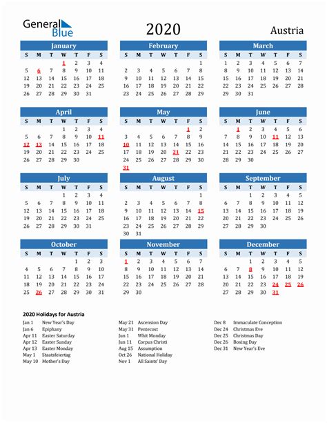 2020 Printable Calendar With Austria Holidays