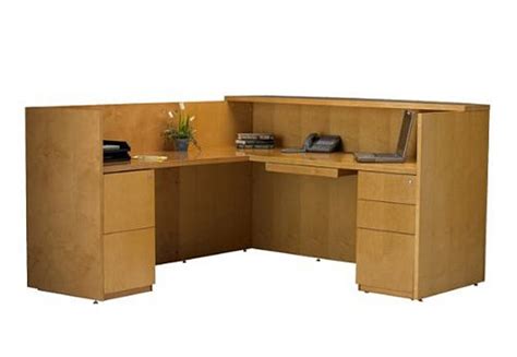 Used reception desk, walnut laminate, l shape, one set of drawers. L-Shaped Reception Desk - WhereIBuyIt.com