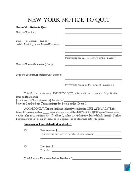 Free New York Eviction Notice Forms Ny Notice To Quit Formspal