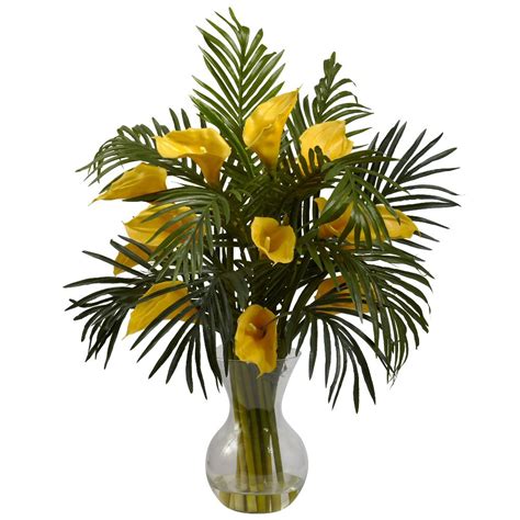 Yellow Calla Lily And Palm Silk Flower Arrangement Combo