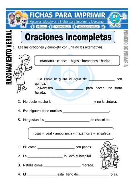 Ficha De Oraciones Incompletas 2c