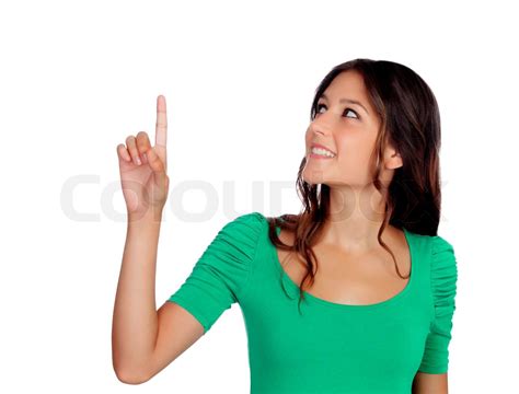 attractive casual girl in black indicating something stock image colourbox
