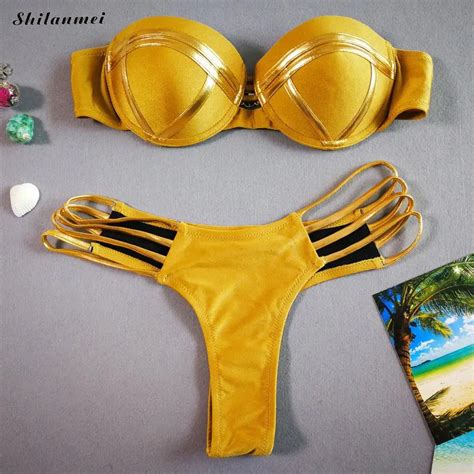 Buy Bikinis Woman Off Shoulder Swimsuit Yellow Hollow