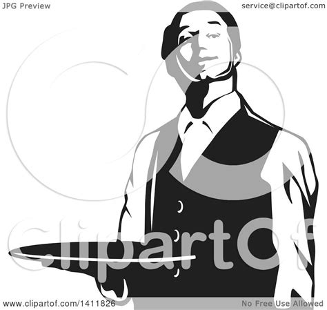 Clipart Of A Black And White Formal Male Waiter Holding A