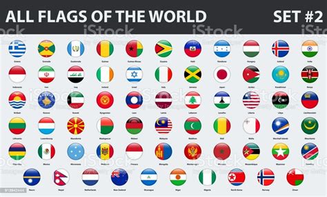 Alla Flaggor Av Världen I Alfabetisk Ordning Runda Glänsande Stil