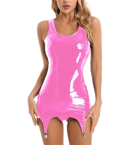 Uk Womens Latex Mini Dress Wet Look Patent Leather Bodycon Dress With