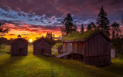 Nature Landscape Sunset Ancient Cabin Sky Trees Clouds Grass