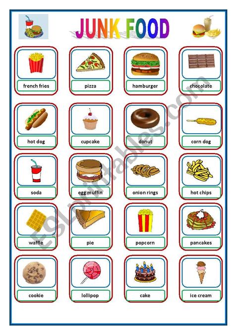Junk Food Pictionary Flashcards Esl Worksheet By