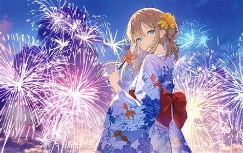 Beautiful Anime Girl Yukata Fireworks Japanese Clothes Festival