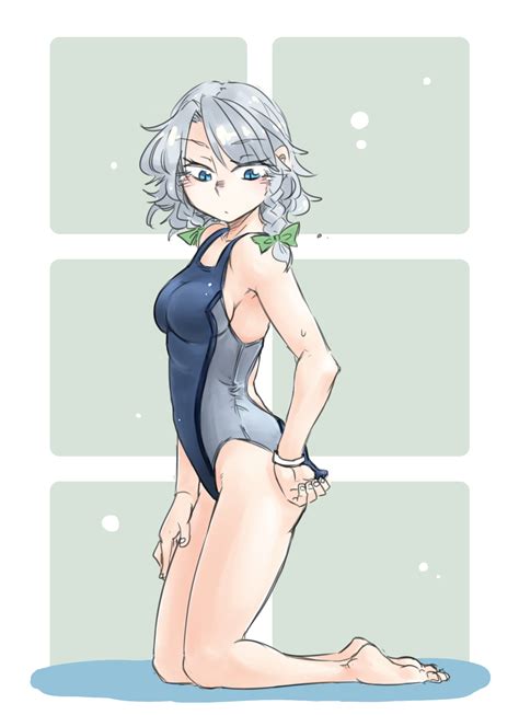 Ponke Izayoi Sakuya Touhou Silver Hair Highres 1girl Adjusting Clothes Adjusting Swimsuit
