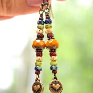 Rustic Boho Bead Earrings Colorful Czech Bead Dangles Tiny Bronze