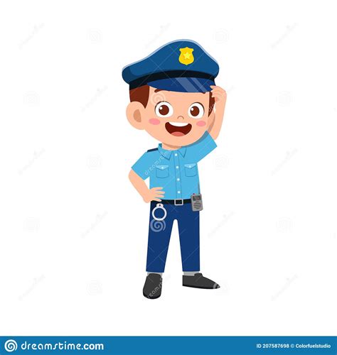 Happy Cute Little Kid Boy Wearing Police Uniform Stock Vector