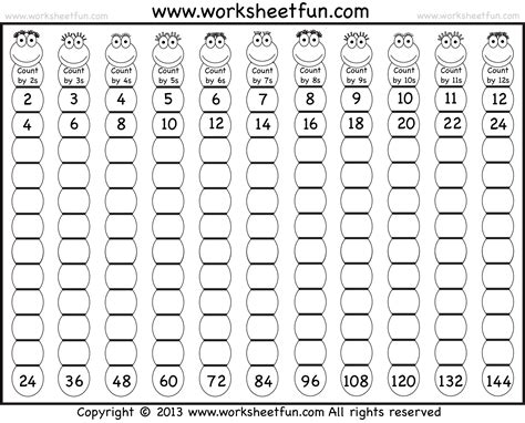 Skip Counting by 2, 3, 4, 5, 6, 7, 8, 9, 10, 11 and 12 – Two Worksheets