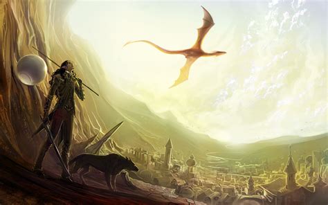 Wings Cityscapes Dragons Flying Weapons Fantasy Art Armor