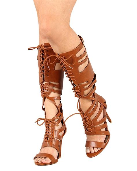 qupid bk28 women leatherette open toe lace up knee high gladiator heel rust check this