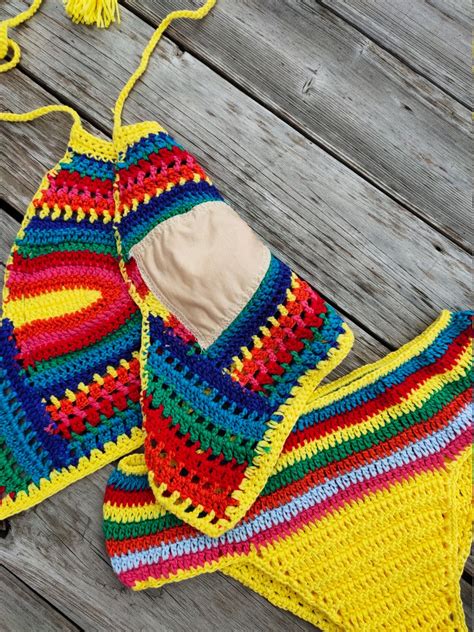 handmade crochet bikini set sexy swimwear rainbow women etsy