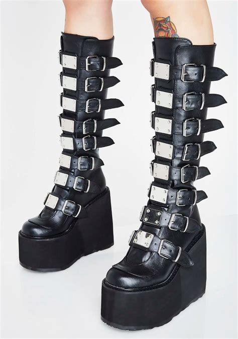 Demonia Swing 815 Buckle Knee High Platform Boots Black Goth Shoes