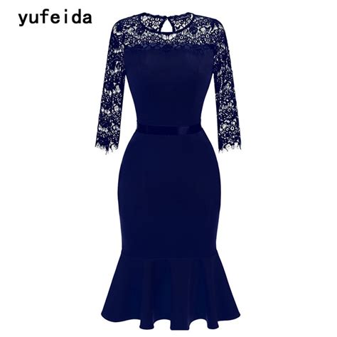 mode yufeida 2019 vrouwen elegante vintage kant jurk lange mouwen blue speciale gelegenheid