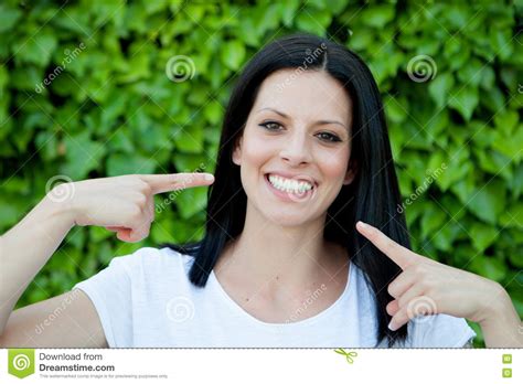 Brunette Woman In The Park Showing Her Perfect Smile Stock Image Image Of Lady Head 74144173