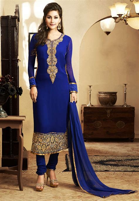 Dark Blue Faux Georgette Churidar Kameez Online Shopping Ktp243 Indian Fashion Indian