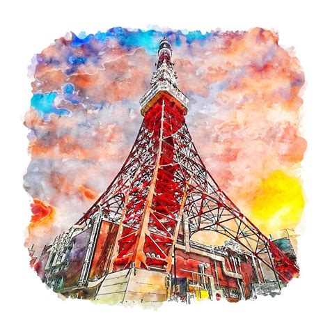 Tokyo Tower Japan Watercolor Sketch Hand Drawn Illustration 9878982