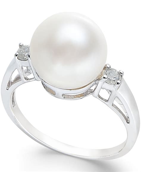 Macys Cultured Freshwater Pearl 10mm And Diamond Ring 110 Ct Tw