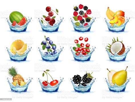 Set Of Fruits And Vegetables In Water Splashes Peach Watermelon Cherry