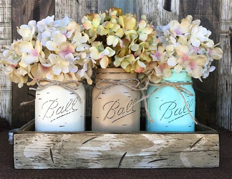 Mason Jar Decor Centerpiece Flowers Optional 3 Ball Painted Pint Jars Distressed Wood
