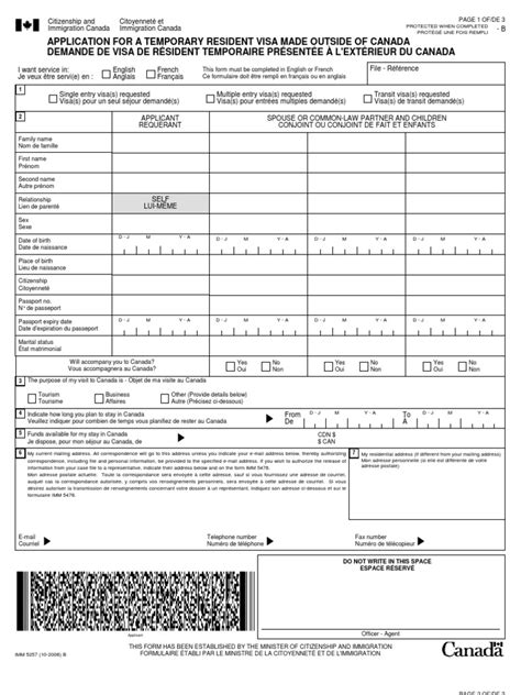 Canada Immigration Forms Imm5257b Visa Document