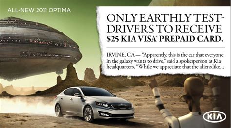 Make an easy $25 visa card if you are willing to visit a kia dealership and test drive a kia optima! $25 Visa Prepaid Gift Card when you Test Drive Kia