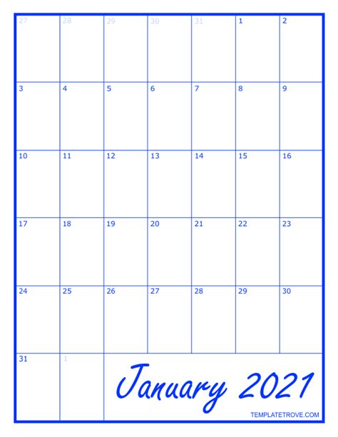 2021 Blank Monthly Calendar