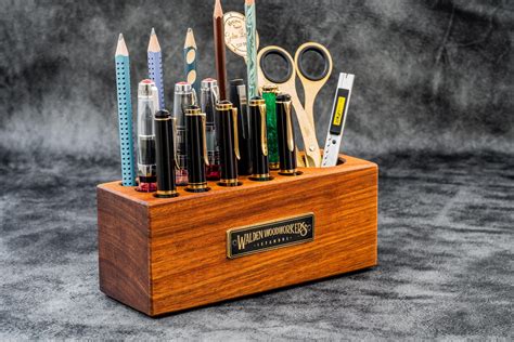 Handmade Mahogany Wood Desk Organizer Pen Holder Galen Leather