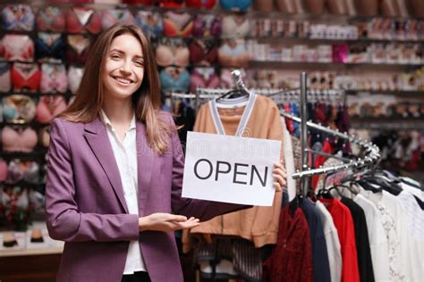 Business Owner Holding Open Sign In Boutique Stock Photo Image Of