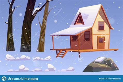 Winter Landscape With Wooden House Snow And Trees Stock Vector