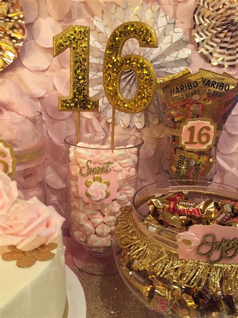 Pink And Gold Sweet Sixteen Candy Table Sweet 16 Party Themes Sweet 16 Party Decorations Sweet