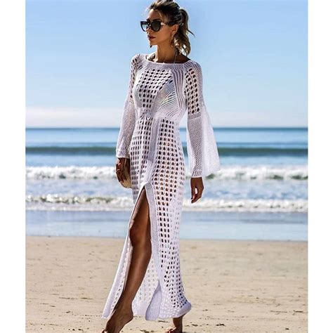 2019 Crochet White Knitted Beach Cover Up Dress Tunic Long Pareos Bikinis Cover Ups Swim Cover