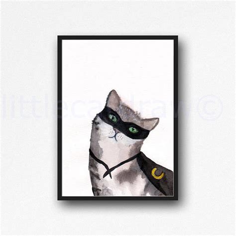 Cat Print Super Hero Cat Watercolor Painting Print Cat Lover Etsy