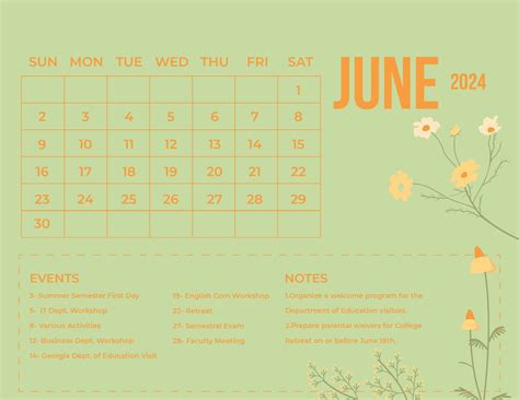 Floral June 2024 Calendar In Eps Illustrator  Word Svg
