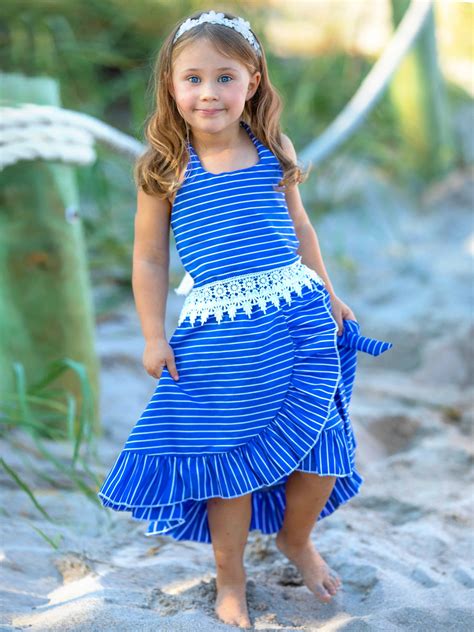 Mia Belle Girls Blue Stripe Crochet Top And Skirt Set Spring Wear