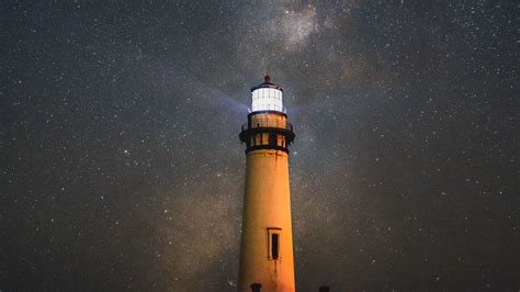 Lighthouse Building Dark Night Starry Sky 4k Hd Wallpaper