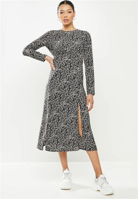 Flutter Sleeve Midi Dress Long Sleeve Floral Black Missguided Casual