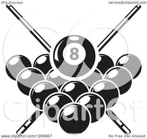 Clipart Of A Black And White Billiards Pool Eight Ball And Crossed Cue