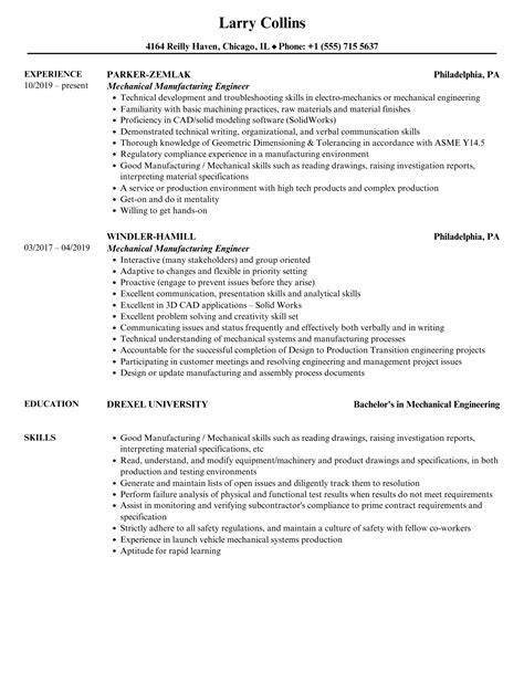 Mechanical Manufacturing Engineer Resume Samples Velvet Jobs