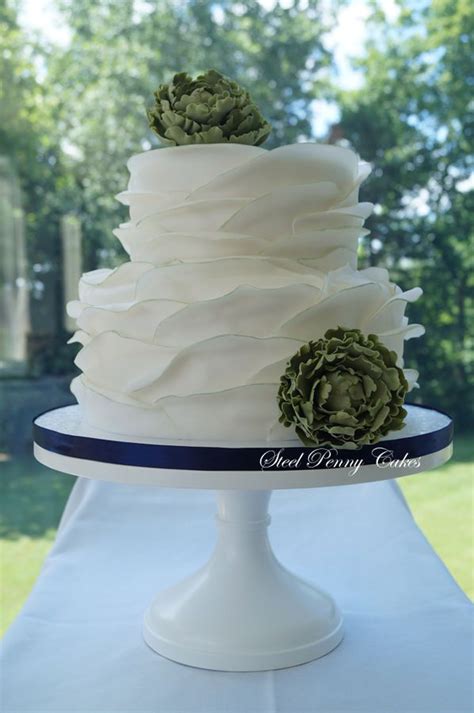 Sage Tipped Ruffles And Peonies Round Wedding Cakes Wedding Cakes Cake