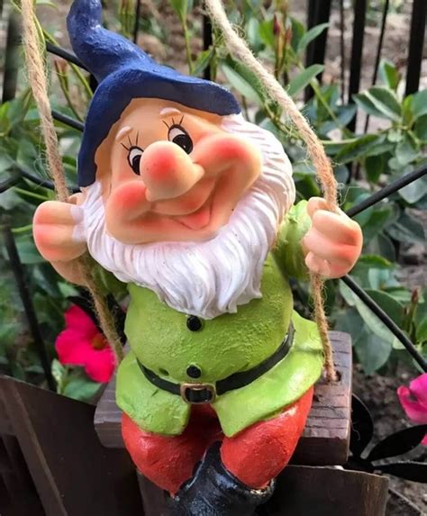 Snow White Dwarf Garden Gnome On Swing — Homebnc